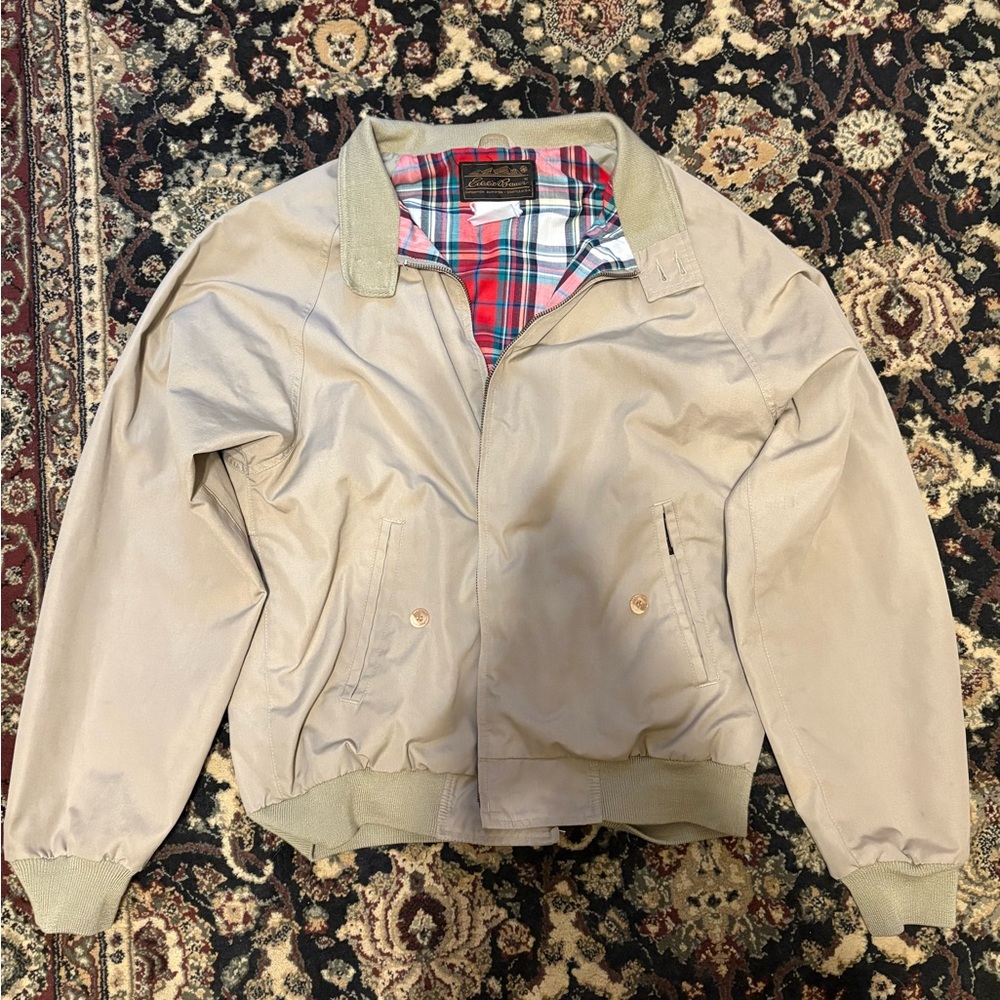 Eddie Bauer Beige Jacket with Vibrant Plaid Lining